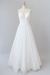Lange A-Line spaghetti-riem applique tule backless trouwjurk