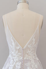 Lange A-Line spaghetti-riem kanten appliques tule backless trouwjurk