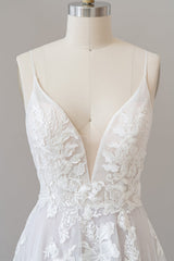 Lange A-Line spaghetti-riem kanten appliques tule backless trouwjurk