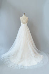 Lange A-Line spaghetti-riem kanten tule tule backless trouwjurk