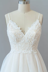 Lange A-Line spaghetti-riem kanten tule tule backless trouwjurk