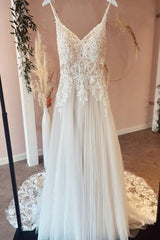 Lange A-lijn spaghetti-riemen Sweetheart Appliques Lace Tule trouwjurk
