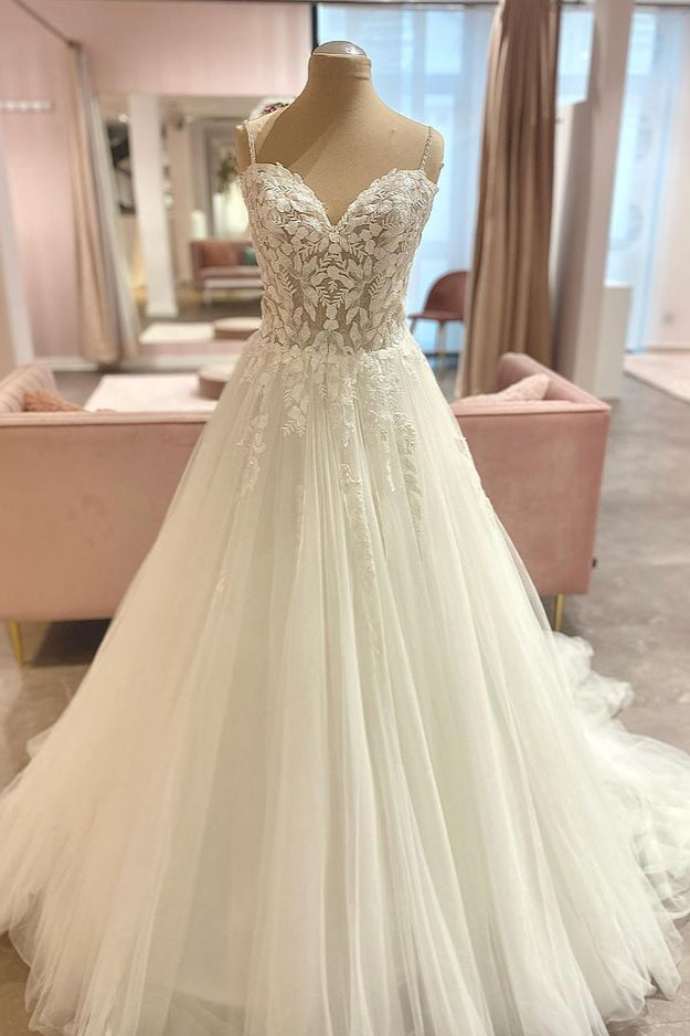 Lange A-Line spaghetti-riemen Sweetheart Floral Lace TuLle trouwjurk