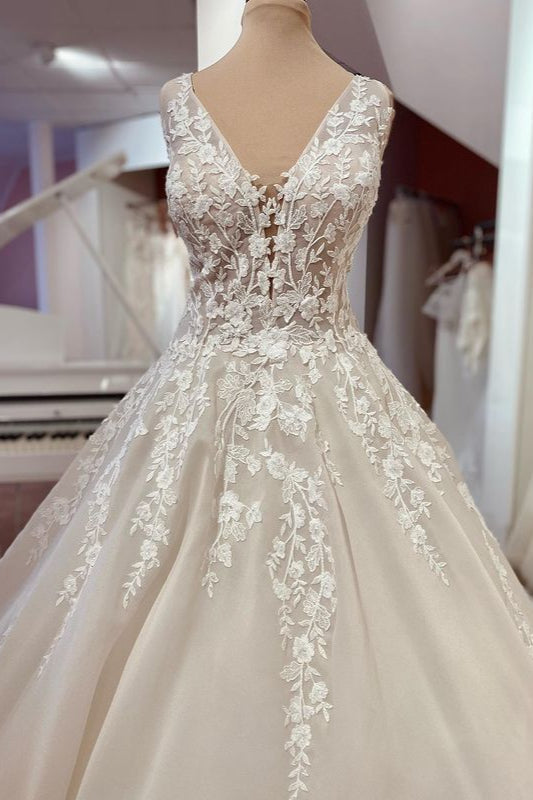 Lange a-line sweetheart Appliques kant backless trouwjurk