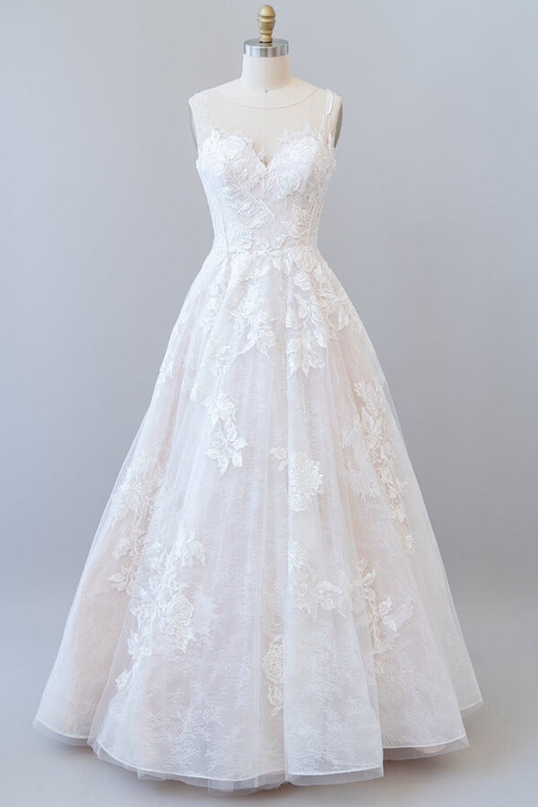 Lange a-line sweetheart Appliques Lace tule trouwjurk