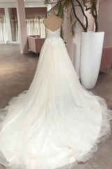 Lange a-line lieverd backless tule appliques kanten trouwjurk