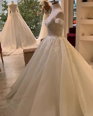 Lange a-line lieverd off-the-shoulder appliques kanten ruches trouwjurk