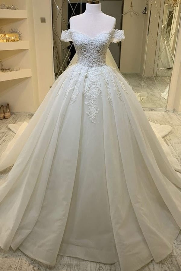 Lange a-line lieverd off-the-shoulder appliques kanten ruches trouwjurk