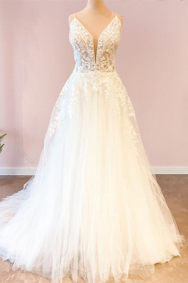 Lange a-line sweetheart spaghetti riemen tule trouwjurk