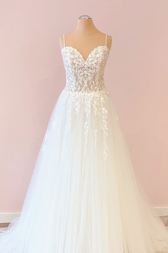 Lange a-line lieverd tule appliques kanten trouwjurk