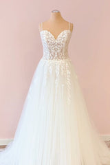 Lange a-line lieverd tule appliques kanten trouwjurk