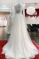 Lange A-Line Sweetheart Tulle Beadings Lace Appliques Trouwjurken met mouwen