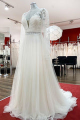 Lange A-Line Sweetheart Tulle Beadings Lace Appliques Trouwjurken met mouwen