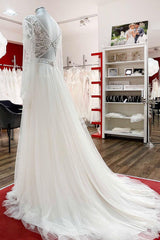 Lange A-Line Sweetheart Tulle Beadings Lace Appliques Trouwjurken met mouwen