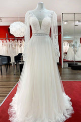 Lange A-Line Sweetheart Tulle Beadings Lace Appliques Trouwjurken met mouwen