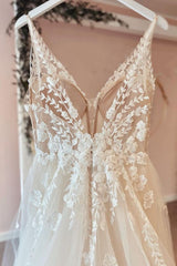 Lange A-Line Tule Appliques Lace Spaghetti-riemen V-hals Backless trouwjurk