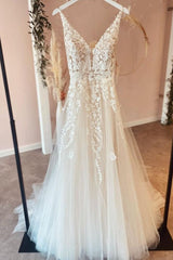 Lange A-Line Tule Appliques Lace Spaghetti-riemen V-hals Backless trouwjurk