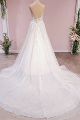 Lange A-lijn tule backless Appliques Lace Sweetheart trouwjurk