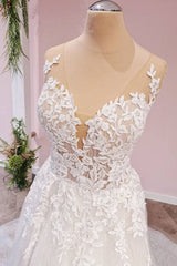 Lange A-lijn tule backless Appliques Lace Sweetheart trouwjurk
