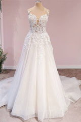 Lange A-lijn tule backless Appliques Lace Sweetheart trouwjurk