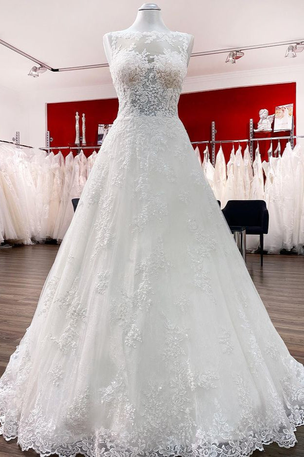 Lange A-Line Tule Jewel Lace Appliques trouwjurken