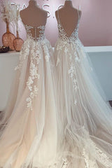 Lange A-Line Tule Lace Appliques Backless trouwjurk