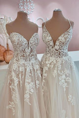 Lange A-Line Tule Lace Appliques Backless trouwjurk