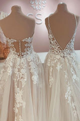 Lange A-Line Tule Lace Appliques Backless trouwjurk