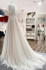 Lange A-Line Tule Open Back Halter Mouwloze kanten trouwjurken