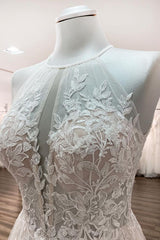 Lange A-Line Tule Open Back Halter Mouwloze kanten trouwjurken