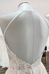 Lange A-Line Tule Open Back Halter Mouwloze kanten trouwjurken