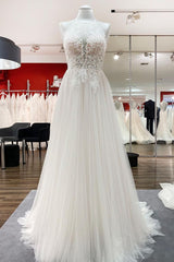 Lange A-Line Tule Open Back Halter Mouwloze kanten trouwjurken