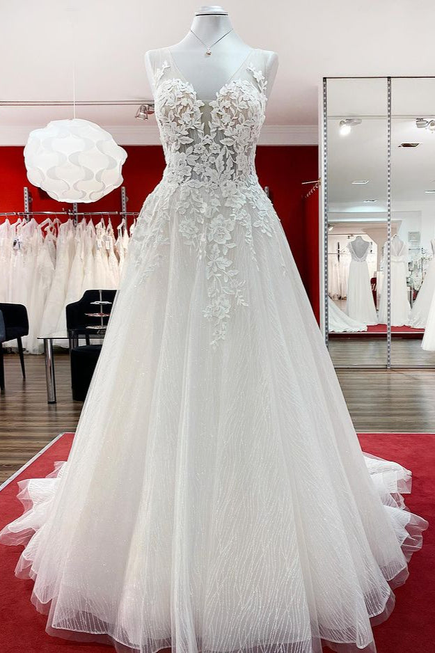 Lange A-Line TuLle Sleevless Ruffles Jewel trouwjurk met kant-appliques