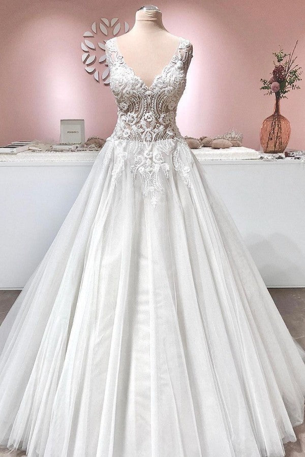 Lange A-lijn V-hals Appliques kant Backless Tule Ruffles Trouwjurk