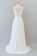 Lange A-lijn V-hals Appliques Lace Chiffon Trouwjurk