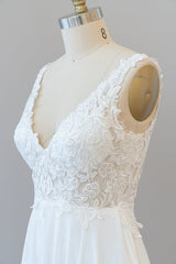Lange A-lijn V-hals Appliques Lace Chiffon Trouwjurk