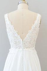 Lange A-lijn V-hals Appliques Lace Chiffon Trouwjurk