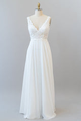 Lange A-lijn V-hals Appliques Lace Chiffon Trouwjurk