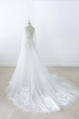 Long A-line V-neck Appliques Lace Tulle Backless Wedding Dress with Sleeves