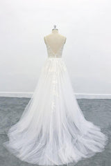 Lange A-lijn V-hals BACKLOSS APPLIKES LAND TULLE Wedding Jurk