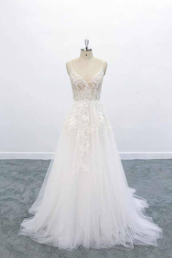 Lange A-lijn V-hals BACKLOSS APPLIKES LAND TULLE Wedding Jurk