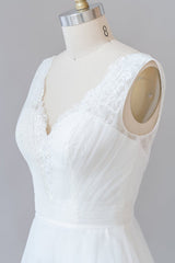 Lange A-lijn V-hals kanten tule tule backless trouwjurk