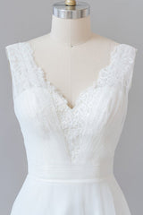Lange A-lijn V-hals kanten tule tule backless trouwjurk