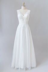 Lange A-lijn V-hals kanten tule tule backless trouwjurk
