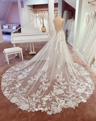 Lange A-line V-hals mouwloze bloemen kant tule boho trouwjurken
