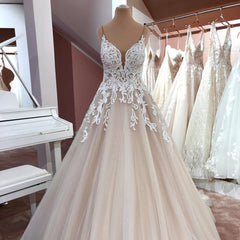 Lange A-Line V-hals spaghetti-riemen Backless Appliques Lace Tule trouwjurk