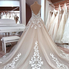 Lange A-Line V-hals spaghetti-riemen Backless Appliques Lace Tule trouwjurk