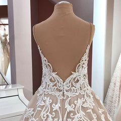 Lange A-Line V-hals spaghetti-riemen Backless Appliques Lace Tule trouwjurk