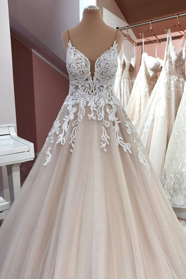 Lange A-Line V-hals spaghetti-riemen Backless Appliques Lace Tule trouwjurk