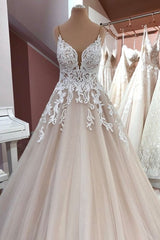 Lange A-Line V-hals spaghetti-riemen Backless Appliques Lace Tule trouwjurk